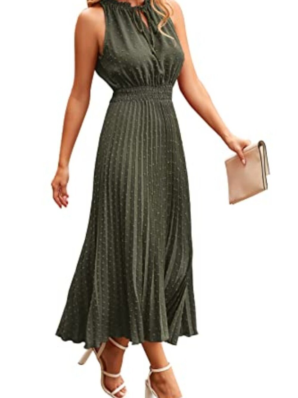 🆕 Womens Midi Summer Dresses Casual V Neck Swiss Dot Ruffle Sleevel - Army